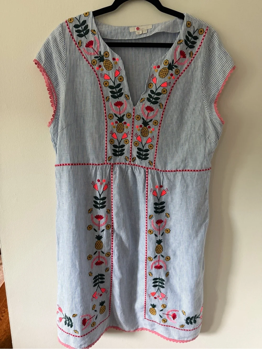 Boden Linen Blend Embroidered Striped Shift Dress Blue White Floral | US 12R - Picture 3 of 5